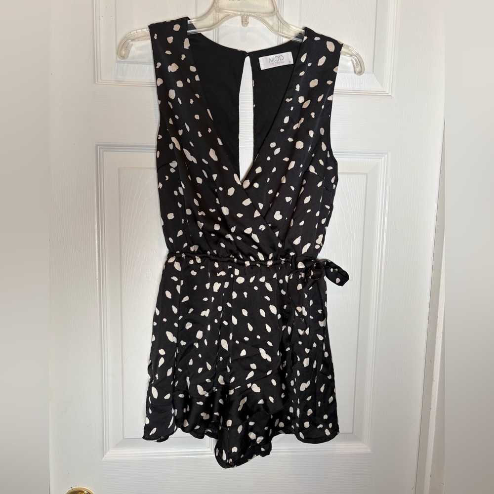 MOD on Trend Black with White Polka Dot V Cut Romper